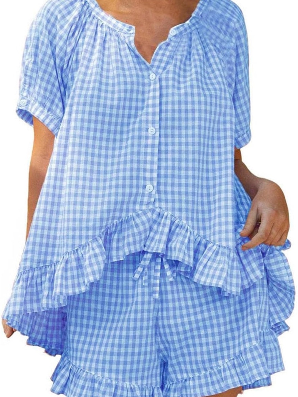 NWOT Blue Gingham Ruffle Lounge Set - Women